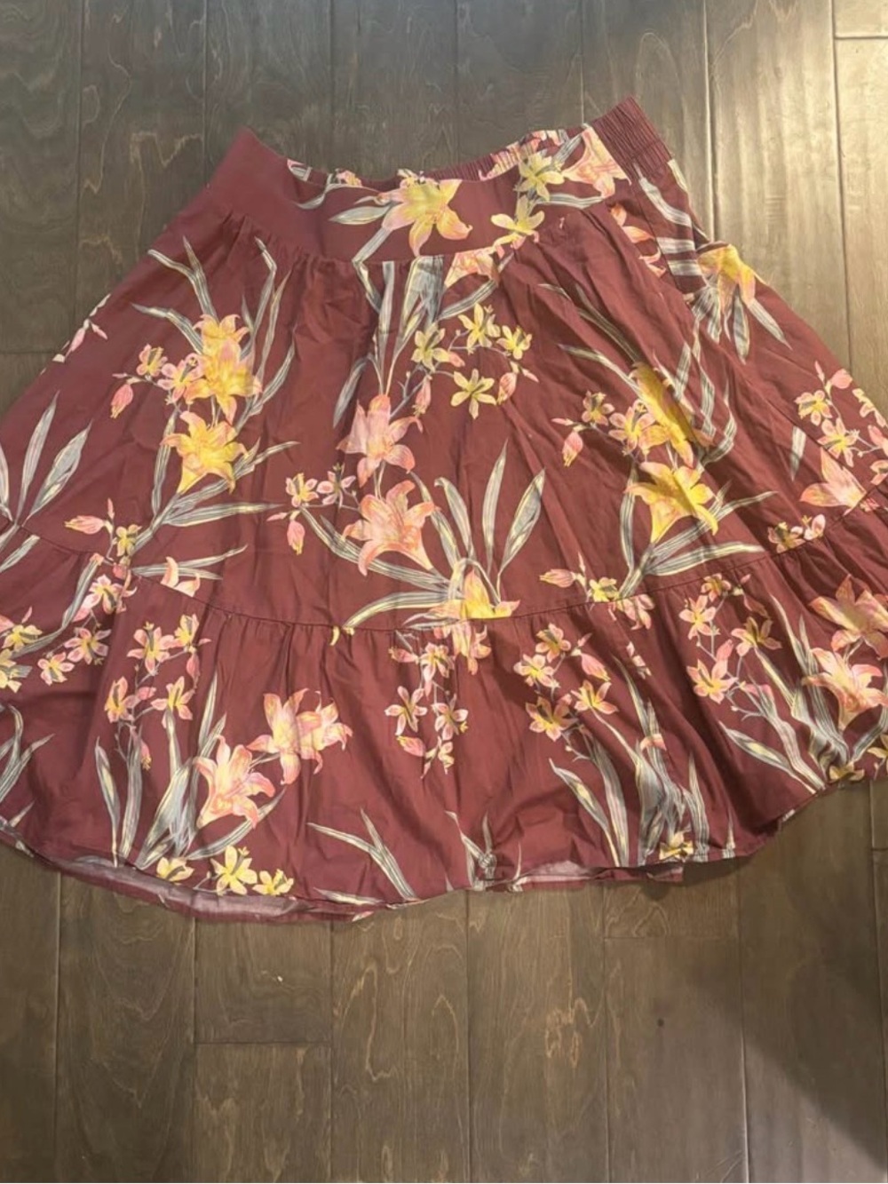 torrid Maroon Floral Tiered Skirt with Yellow & Pink Blooms
